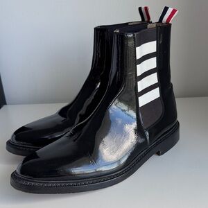 Thom Brown Unisex patent leather slip on boots elastic band. No box.